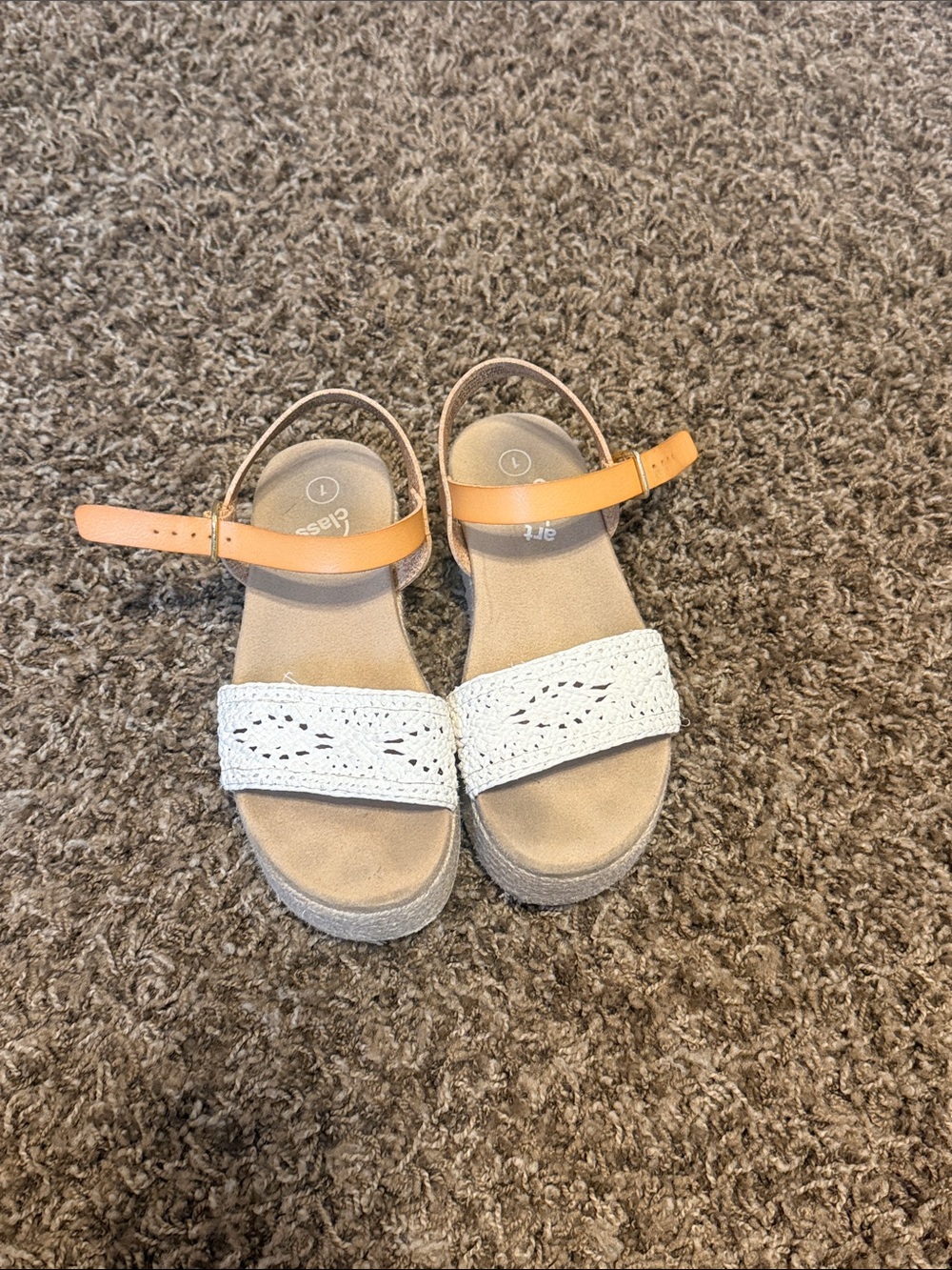 art class White Crochet Sandals with Tan Ankle Strap
